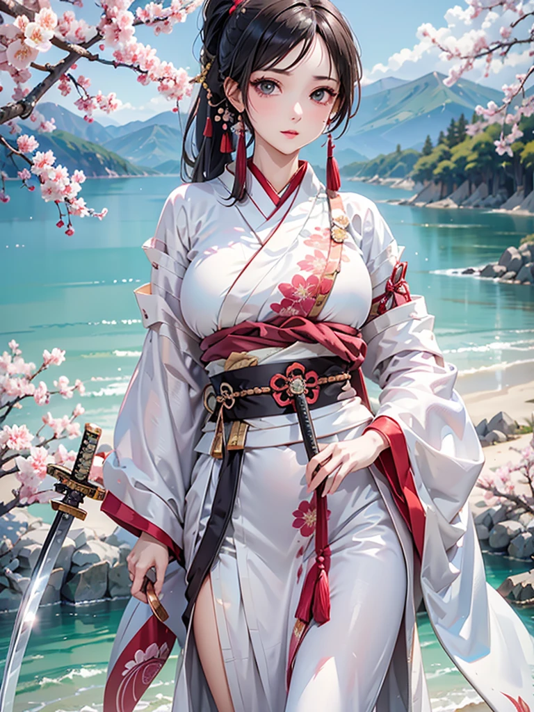  anime,３５Year-old beauty、 alone,Stunning beautiful work of art, maximalist, From artgerm, 8Kanime作品, 8K Photo, Trending on Art Station. Looking at the audience, masterpiece, Highest quality,  Black Hair, ponytail、Dark brown eyes, model, (Perfect Anatomy, Anatomically correct, Highly detailed skin), Beautiful attention to detail, Detailed lips, Provocative pose,Ｄcup, Fantasy, cherry blossoms、White costume、(Japanese sword:1.4), Riverside、Beautiful Landscape, 