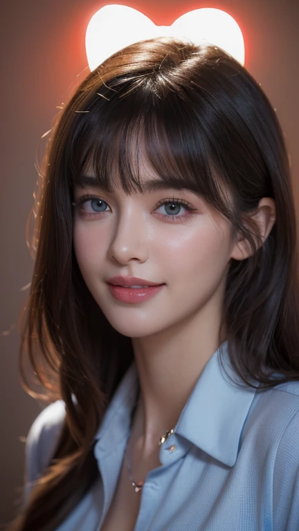 8K, RAW photo, best quality,masterpiece:1.2),(realistic, photo-realistic:1.4),(extremely detailed 8K wallpaper),One woman,Beautiful Face,Super detailed,(Collared shirt),(Dark Background),(looking at the camera),Dim lighting,Moody Lighting,Plumbed lips,Beautiful face,Portraiture,Realistic Skin,Detailed skin,(Long Bangs),A big smile,Beautiful eyes,Beautiful nose,model,A beautiful woman,(Eyes are hearts:1.5),Exquisite lighting,Dimples,Small breasts,