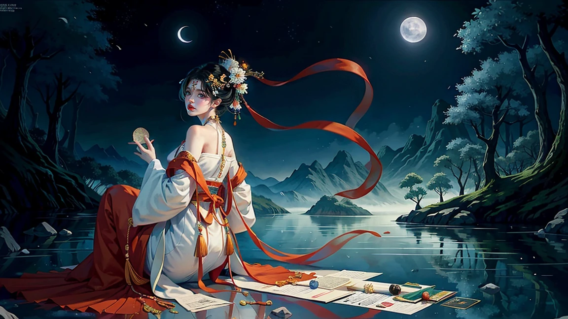 Official Art, Unity 8K wallpaper, Extremely detailed, beautiful and aesthetic, masterpiece, best quality, For the world,You may be alone,But for someone,You could be the whole world, paradox, Adrian Genius, Jenny Savile, Edward Hope, Surrealism, The Dark Arts of James Jean, Takato Yamamoto, 墨water朋克极简主义, fashion magazine, Editorial Photography, gufeng, moon, Tree, Solitary, water, flower, Branches, night, Black Hair, Back to, shawl, full moon, (1 Korean girl,Sexy facial features), in Tree, Long hair, Sky, sit, Chinese clothes, Hanfu, crescent moon, permanent, outdoor,Hold a folding fan in your hand