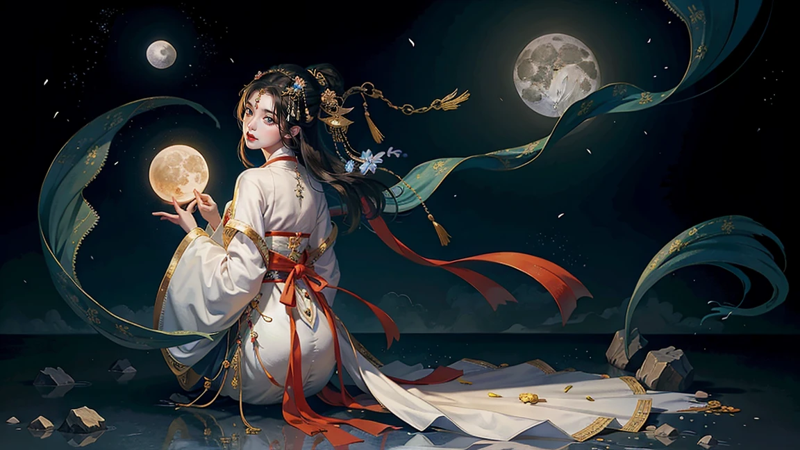 Official Art, Unity 8K wallpaper, Extremely detailed, beautiful and aesthetic, masterpiece, best quality, For the world,You may be alone,But for someone,You could be the whole world, paradox, Adrian Genius, Jenny Savile, Edward Hope, Surrealism, The Dark Arts of James Jean, Takato Yamamoto, 墨water朋克极简主义, fashion magazine, Editorial Photography, gufeng, moon, Tree, Solitary, water, flower, Branches, night, Black Hair, Back to, shawl, full moon, (1 Korean girl,Sexy facial features), in Tree, Long hair, Sky, sit, Chinese clothes, Hanfu, crescent moon, permanent, outdoor,Hold a folding fan in your hand