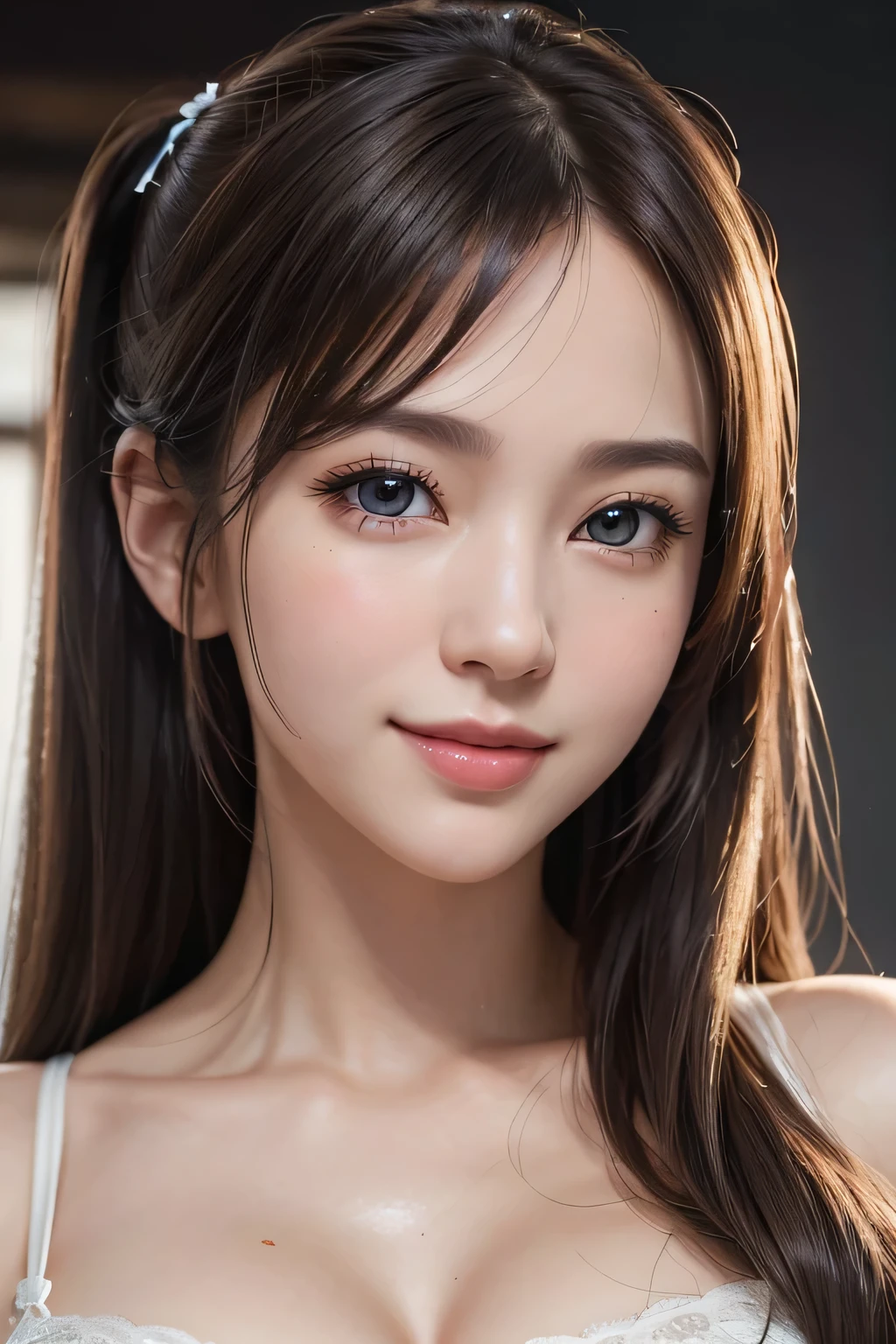 ((Highest quality)),(超High resolution),(Very detailed),(Detailed Description),((The best CG)),(masterpiece),Very detailedなアート、(Highest quality、8K、32k、masterpiece)、(Realistic)、(Realistic:1.2)、(High resolution)、Very detailed, (Close-up face:1.6), Very beautiful face and eyes, Big eyes, 1 female、Pale skin:1.4, Shine, Transparent muscle:1.2、((Ultra-Realistic Details))、Portraiture、All the characters are super realistic.:1.6、Global Illumination、Octane Rendering:1.2,　 The best beautiful girl,Very detailed, High resolution RAW color photos, Professional photography, Realistic portrait, Cinematic Light, With a small face、Pale Cheeks:1.1、(With a cute smile:1.4)、((Beautiful Eyes、Light enters the eyes:1.4、Staring at a lover、adorable eyes:1.2 )) 、((Shiny Hair　Brown twin tails, 、Delicate texture、Voluminous Hair:1.1、Thick Hair:1.2 )),　Natural Makeup、Beautiful big ,(Big ample breasts:1.2)、Captivating beauty、Captivate what you see、Tight waist、Delicate body、(Highest quality、Attention to detail、)、(Oil paint:1.2)、Very detailed、(Realistic、Realistic:1.37)、Bright colors、(Front Focus), (Front Focus), (In the Dark:1.6),　