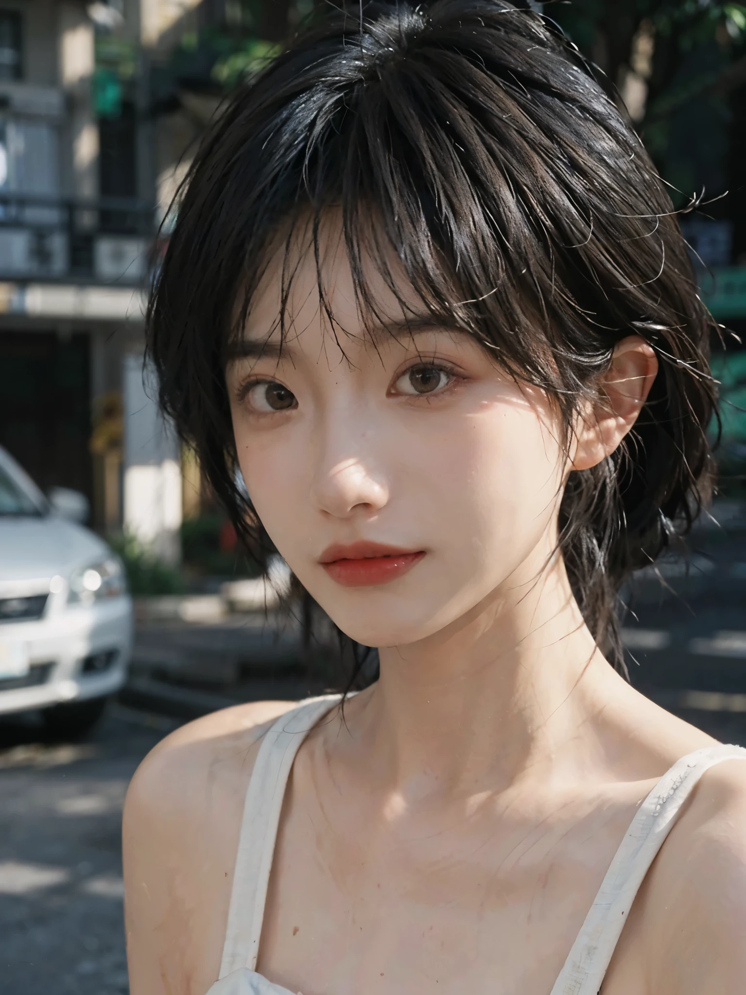 (smooth skin textures:1.3), Lipstick, Upper body，Upper Body，background, earrings, serene, calm, （Dress conservatively：1.6），(Realistic and detailed eyes：1.2）, Natural skin texture, Realistic facial details, Soft dramatic lighting, Vivid details, outdoor, (Photo Practical:1.4), (hyper Practical:1.4), (Practical:1.3),  (Improve lighting quality:0.9), (Highest quality real skin textures:1.4),  (Enhance the beauty of skin texture:1.1), Hair details, model， short hair, Moles under the eyes, Portrait Photography, Depth of Field, Bokeh, Surrealism, Ray Tracing, (Portrait Photography:1.1), Surrealism, High Detail, Chiaroscuro, Ray Tracing, reflected light, Ultra HD, Ultra HD, masterpiece, Textured Skin, Super Detail, High Detail, high quality, best quality