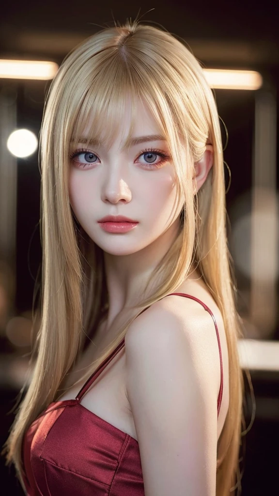 masterpiece, Highest quality, (Focus Only), (Perfect Face:1.1), (High detail:1.1), (Ultra-detailed eyes), dramatic, 1 person, (Pale skin), Long blonde hair, (Red Iris), Focus on the individual, Long Hair, Pouting, 、Detailed Background, Art by artgerm, Cinema Lighting, fashion、Photograph the whole body