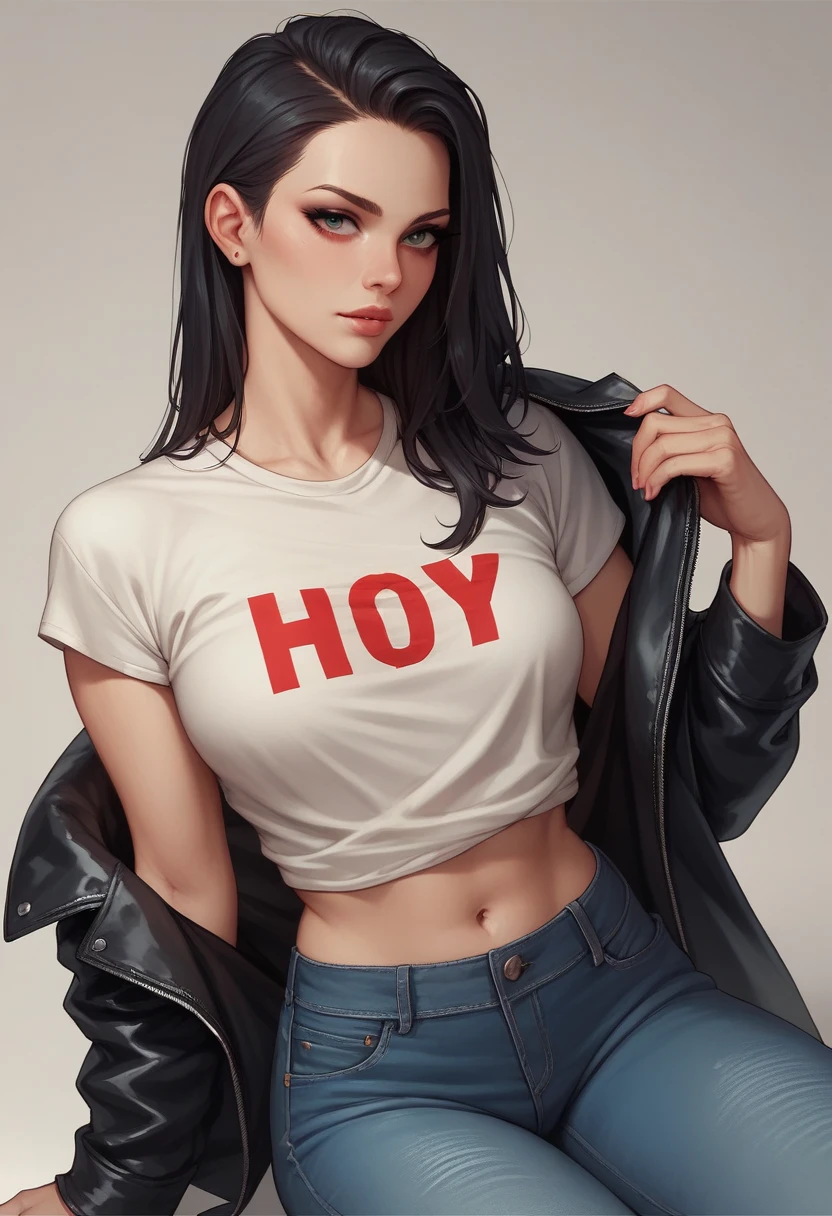 Beautiful face, hot and sexy body , black hairs, wearing leather jacket over red printed t-shirt and blue jeans 