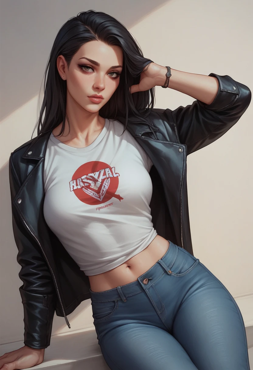 Beautiful face, hot and sexy body , black hairs, wearing leather jacket over red printed t-shirt and blue jeans