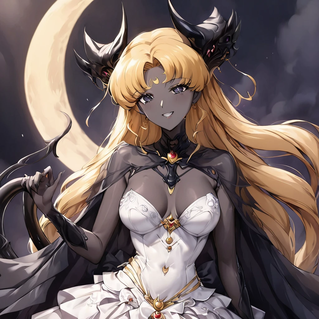 ((Highest quality)), ((masterpiece)), (detailed), (Perfect Face)、The woman is the bride of the Demon King, the Dark Queen of the Black Moon of the Black Moon Clan, the Demon Queen Black Serenity, and the woman is the jet-black, sexy demon princess Serenity.、The woman is a jet-black female demon with magnificent devil horns, jet-black devil wings, and a jet-black tail. Her skin is jet-black and she has a black inverted crescent moon mark on her forehead. She is a demon bride wearing a see-through Gothic Victorian wedding dress that shows off her gorgeous black skin, a black wedding veil, and a black see-through cape. She is the jet-black demon Princess Serenity, and has blonde hair that looks happy as she looks at the camera.2The expression of a girl in love with her long hair tied up、Woman is Black Serenity、Punishment pose on behalf of the moon