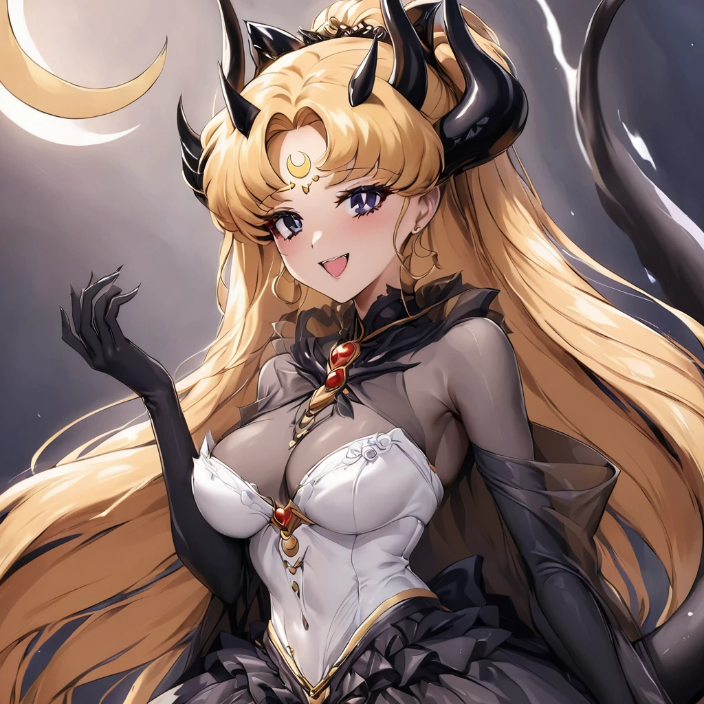 ((Highest quality)), ((masterpiece)), (detailed), (Perfect Face)、The woman is the bride of the Demon King, the Dark Queen of the Black Moon of the Black Moon Clan, the Demon Queen Black Serenity, and the woman is the jet-black, sexy demon princess Serenity.、The woman is a jet-black female demon with magnificent devil horns, jet-black devil wings, and a jet-black tail. Her skin is jet-black and she has a black inverted crescent moon mark on her forehead. She is a demon bride wearing a see-through Gothic Victorian wedding dress that shows off her gorgeous black skin, a black wedding veil, and a black see-through cape. She is the jet-black demon Princess Serenity, and has blonde hair that looks happy as she looks at the camera.2The expression of a girl in love with her long hair tied up、Woman is Black Serenity、Punishment pose on behalf of the moon