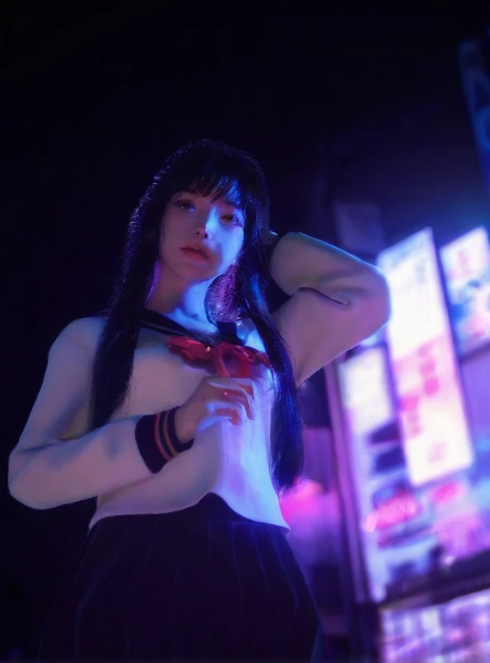 Girl, long hair, JK, night, neon, realistic, photography, canon, realistic lighting effects