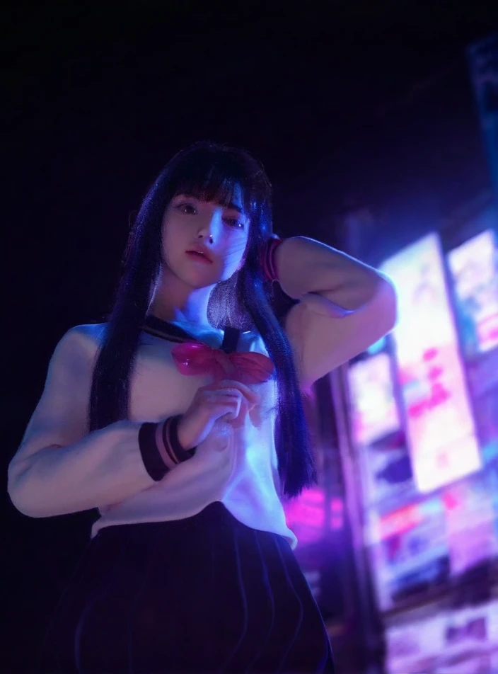 Girl, long hair, JK, night, neon, realistic, photography, canon, realistic lighting effects