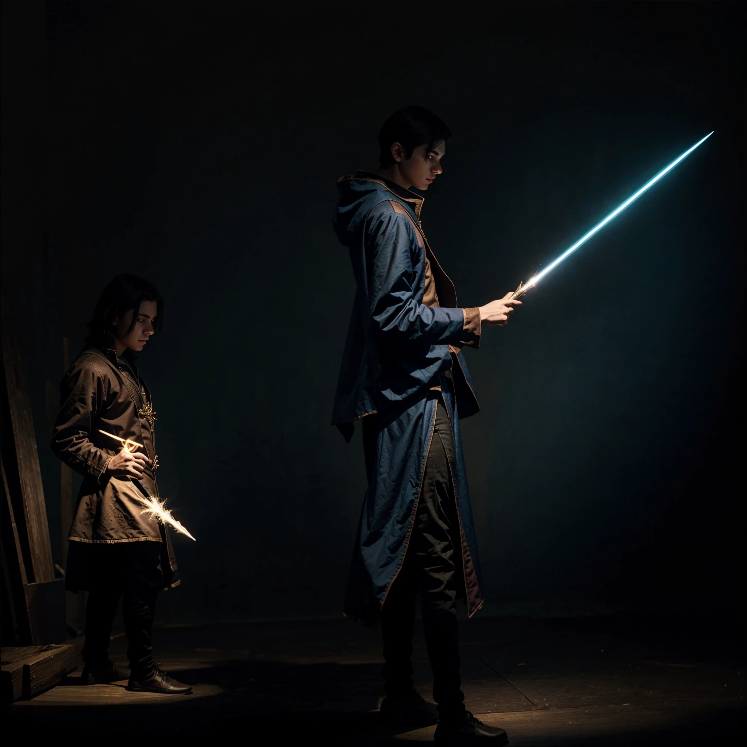 young man wizard with his back turned, wearing wizard clothes and a magic wand in his right hand with a glowing tip