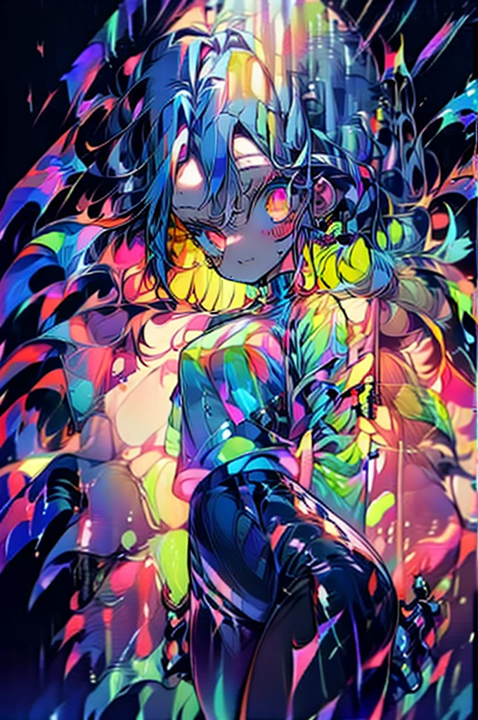 (masterpiece:1.4), (beautifully、aesthetic:1.4), (Complex:1.2), (detailed:1.2), (Vibrant colors:1.2), break,
(psychedelic:1.2), (Surreal:1.2), (whole body:1.0), (translucent:1.2), (reflection:1.1), break,
(One girl:1.2), (alone:1.4), (Cute pose:1.2), (mini skirt:1.0), (pantyhose:1.0), (Happy:1.2), (Laughter:1.2), (Put your hands behind your back:1.2), (Colorful mix:1.0), (Multicolored Hair:1.0), (Wavy Hair:1.0), break,
(Colorful rain:1.2), (reflection床:1.0), (Wet floor:1.0),