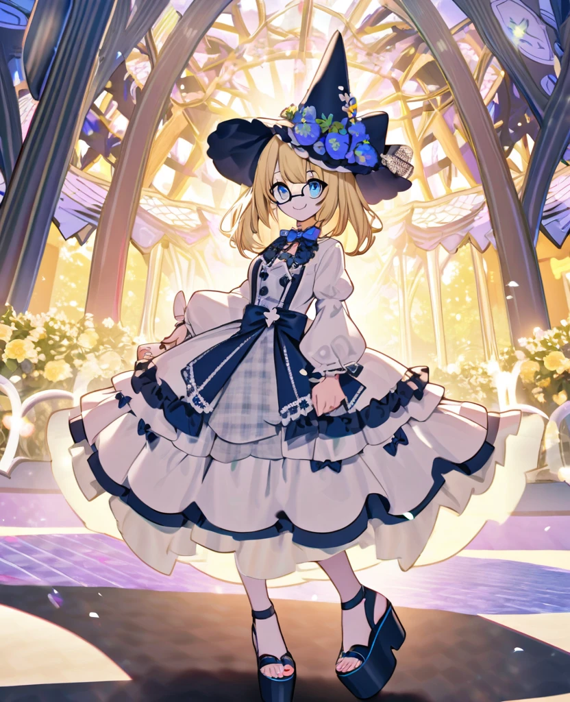 Furry girl short blonde hair blue eyes wearing glasses blue and white gothic ta hat with blue and yellow flowery dress with bow details open platform sandals Anabela stiletto heel background flowery theme park smiling