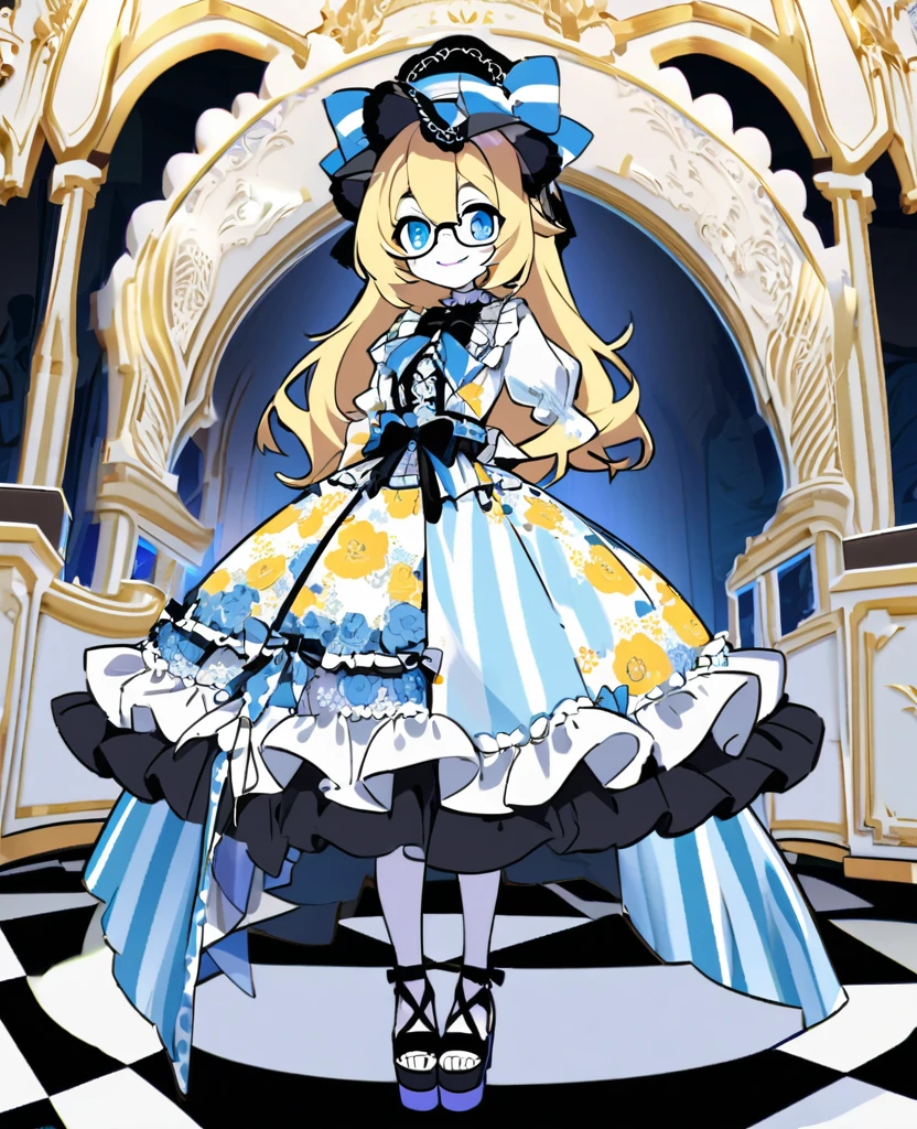 Furry girl short blonde hair blue eyes wearing glasses blue and white gothic lolita hat with blue and yellow flowery dress with bow details open platform sandals Anabela stiletto heel background flowery theme park smiling