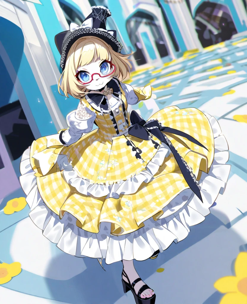 Furry girl short blonde hair blue eyes wearing glasses blue and white gothic lolita hat with blue and yellow flowery dress with bow details open platform sandals Anabela stiletto heel background flowery theme park smiling