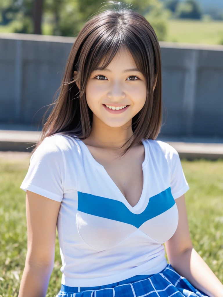 8K,masterpiece,Japanese,,from the front,smile,cute,Innocent face,Innocent,Kind eyes,Childish,Plain T-shirt,Short sleeve,Blue checked short skirt,semi-long,Hair blowing in the wind,Black Hair,Somewhat strong wind,noon,bright,Sitting、M-shaped feet, (Large Breasts:1.2),(Emphasize the chest)