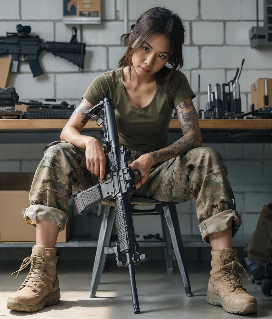 8K, realistic photo, realistic skin texture, beautiful Japanese American female US Army soldier, simple warehouse, sitting on a simple chair and maintaining an automatic rifle, maintenance, Automatic rifles do not have magazines installed.Automatic rifle parts on the table、military pants, boots, tattoos, T-shirt, toned body, big body.