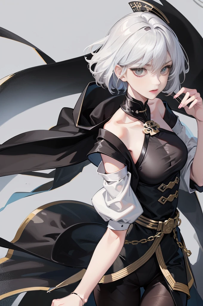 Masterpiece, Best quality, 1 Female, Mature Woman, Elder Sister, Royal Sister, Cold Face, strong, green eyes, wolfcut short hair, smoky and black mix white color hair, resolute eyes, simple black Taoist Taoist uniform, black accessories, one shoulderancient, Chinese mix morden, wear hair brooches, frontal photo, full body, blank background, remove background