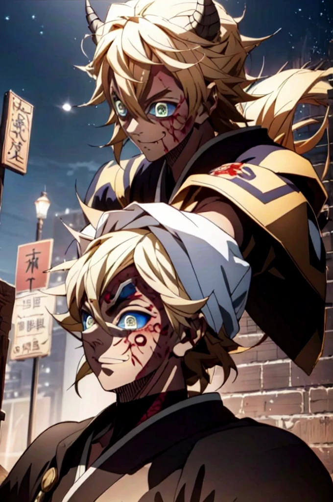 Realistic, (masterpiece, top quality, best quality, official art), very detailed, most detailed, long golden blonde hair, (glowing blue eyes), deepe blue iris eyes, white skin tone, like a vampire, mysterious, (magic), sexy man, demon, blood, oni, Kimetsu no Yaiba, eyes with upper moon number, anime Demon Slayer, japonese, red kimono, evil expression, blood power