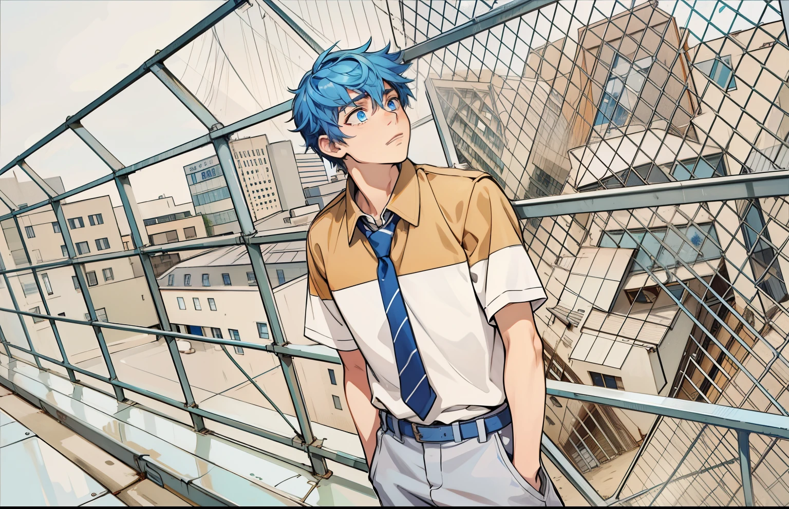 There is a -yeld boith blue hair, blue eyes, on top of a school building, he is thoughtful, somewhat sad, looking at the city.