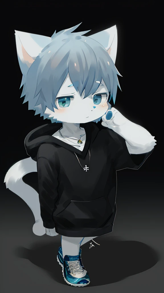 Anime furry, light blue and white fur, blue hair with white accents, cat style, kemono style, 2D anime style wearing blue sweatshirt and black sneakers with white line pattern, wearing a light blue hoodie over a black shirt, with a small square pendant necklace, Single character full body, 2 d style, full body adoptable, full body single character, 2d anime, full body portrait of a short!, full body character, anime style character, Anime boy.