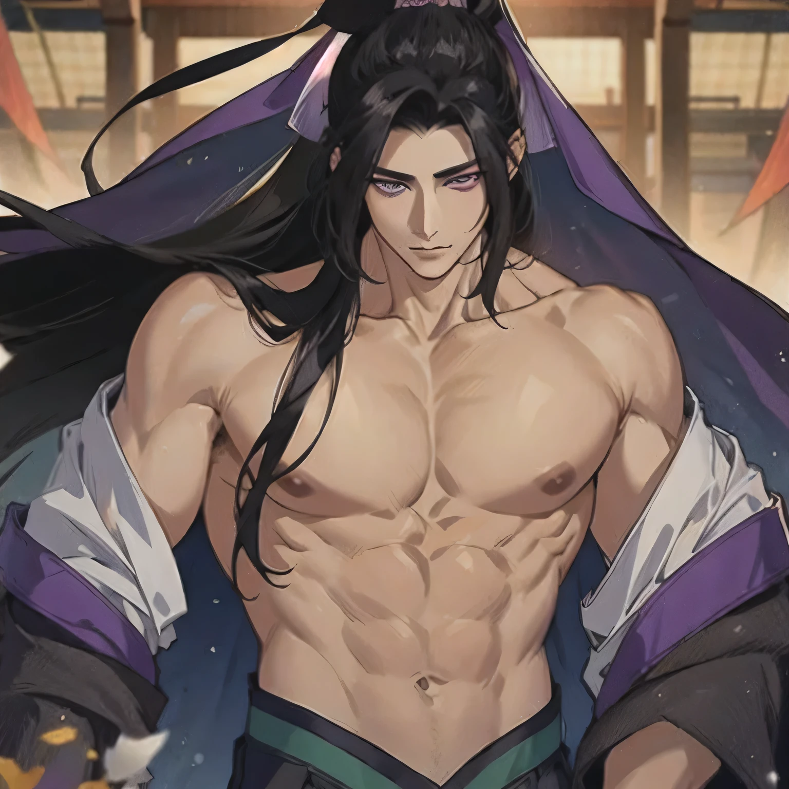 (masterpiece, best quality:1.2), 1male, solo, jiang cheng, mo dao zu shi, mdzs, purple eyes, long black hair, perfect anatomy, clothes off, nudity