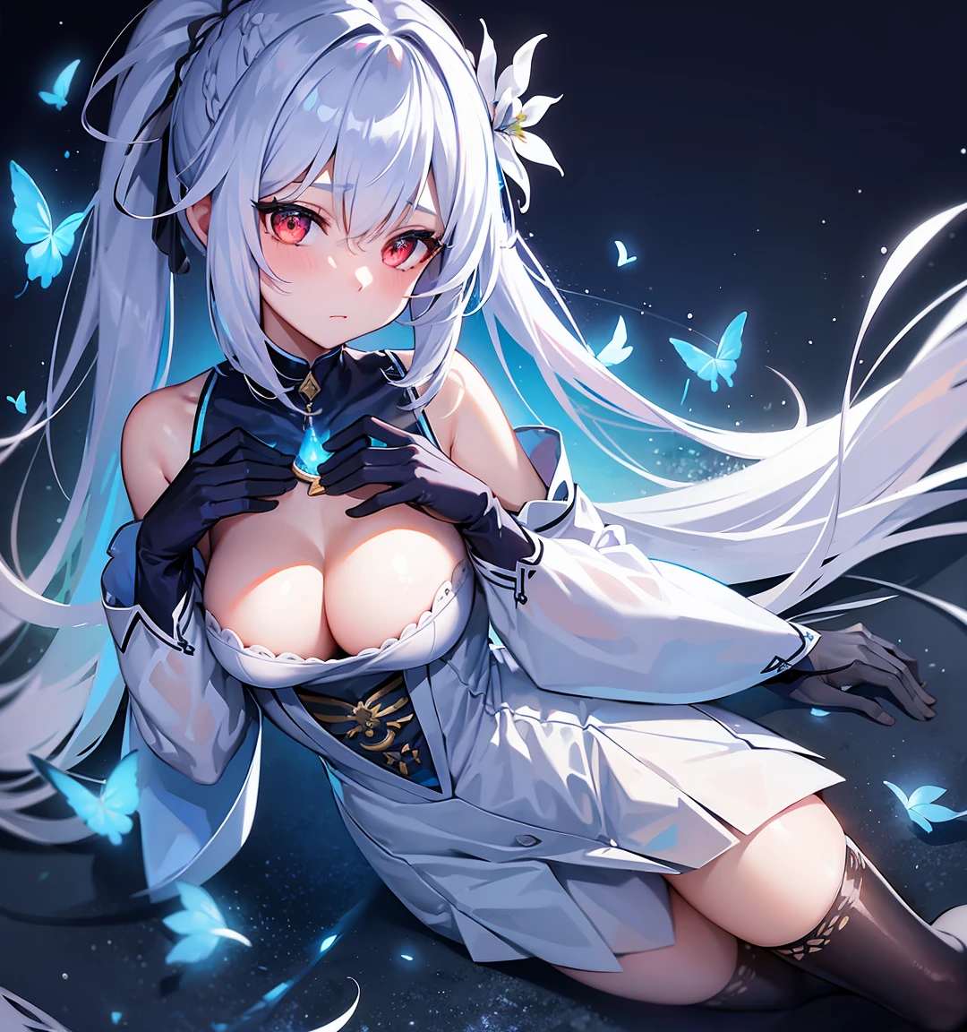 (Overhead view),dynamic angle,ultra-detailed, illustration, close-up, straight on, 1girl, (fantasy:1.4), ((red eyes)),Her eyes shone like dreamy stars,(glowing eyes:1.233),(beautiful and detailed eyes:1.1),(Silver hair:1.14),(messy hair,very long hair, ponytail hair,french braid,hair between eyes,sidelocks), (+(bule hair flower:1.14)),(chiffon dress,bule flower pattern in uniform)/=(military uniform:1.24),(detached sleeves,wide sleeves),(fingerless gloves),choker,(miko thighhighs),High heeled boots,(expressionless,closed mouth),(standing), (classical Princess boudoir with dressing tableand french windowin a white ancient palaces),(white flowers,bloom),(abysmal sea),(flowing water),(a dull blue world tree:1.14),(ruins),(night:1.2),dreamy,soul,(fluorescence),(flying translucent blue butterflies:1.15), [[delicate fingers and hands:0.55]::0.85],(detail fingers),(yubao:0.5),

