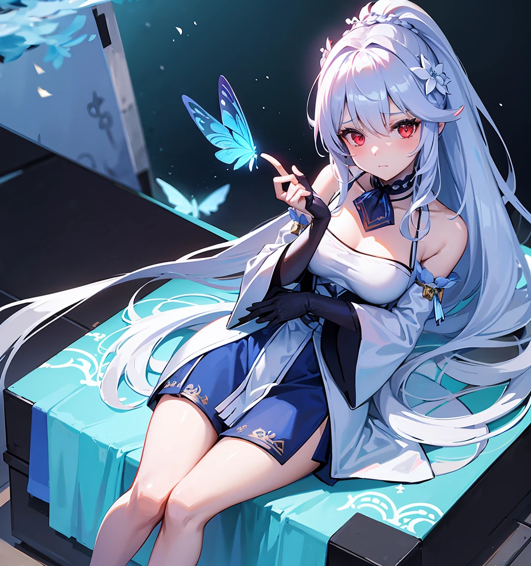 (Overhead view),dynamic angle,ultra-detailed, illustration, close-up, straight on, 1girl, (fantasy:1.4), ((red eyes)),Her eyes shone like dreamy stars,(glowing eyes:1.233),(beautiful and detailed eyes:1.1),(Silver hair:1.14),(messy hair,very long hair, ponytail hair,french braid,hair between eyes,sidelocks), (+(bule hair flower:1.14)),(chiffon dress,bule flower pattern in uniform)/=(military uniform:1.24),(detached sleeves,wide sleeves),(fingerless gloves),choker,(miko thighhighs),High heeled boots,(expressionless,closed mouth),(standing), (classical Princess boudoir with dressing tableand french windowin a white ancient palaces),(white flowers,bloom),(abysmal sea),(flowing water),(a dull blue world tree:1.14),(ruins),(night:1.2),dreamy,soul,(fluorescence),(flying translucent blue butterflies:1.15), [[delicate fingers and hands:0.55]::0.85],(detail fingers),(yubao:0.5),
