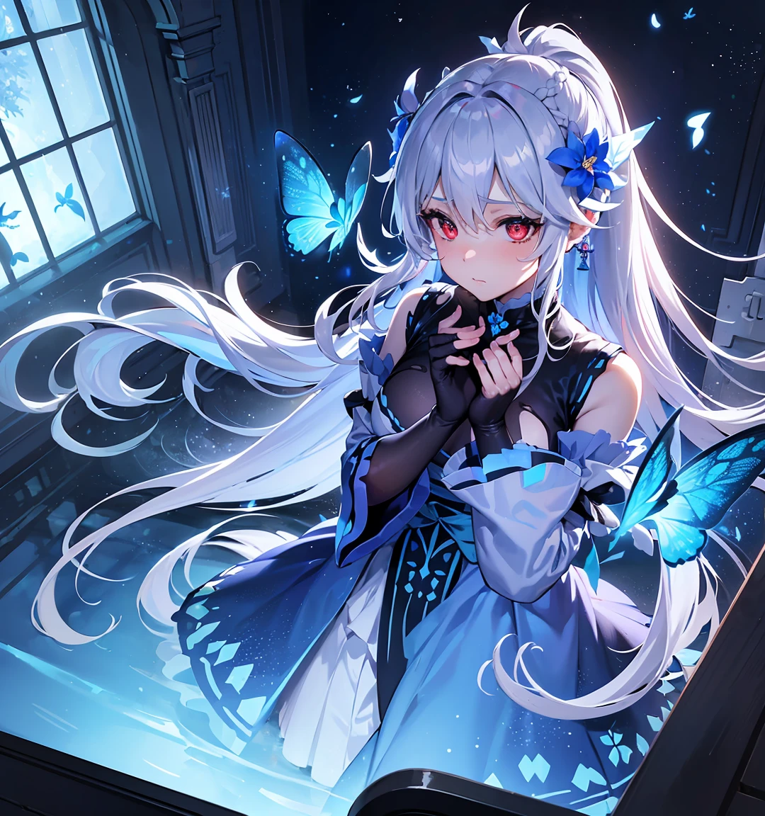 (Overhead view),dynamic angle,ultra-detailed, illustration, close-up, straight on, 1girl, (fantasy:1.4), ((red eyes)),Her eyes shone like dreamy stars,(glowing eyes:1.233),(beautiful and detailed eyes:1.1),(Silver hair:1.14),(messy hair,very long hair, ponytail hair,french braid,hair between eyes,sidelocks), (+(bule hair flower:1.14)),(chiffon dress,bule flower pattern in uniform)/=(military uniform:1.24),(detached sleeves,wide sleeves),(fingerless gloves),choker,(miko thighhighs),High heeled boots,(expressionless,closed mouth),(standing), (classical Princess boudoir with dressing tableand french windowin a white ancient palaces),(white flowers,bloom),(abysmal sea),(flowing water),(a dull blue world tree:1.14),(ruins),(night:1.2),dreamy,soul,(fluorescence),(flying translucent blue butterflies:1.15), [[delicate fingers and hands:0.55]::0.85],(detail fingers),(yubao:0.5),
