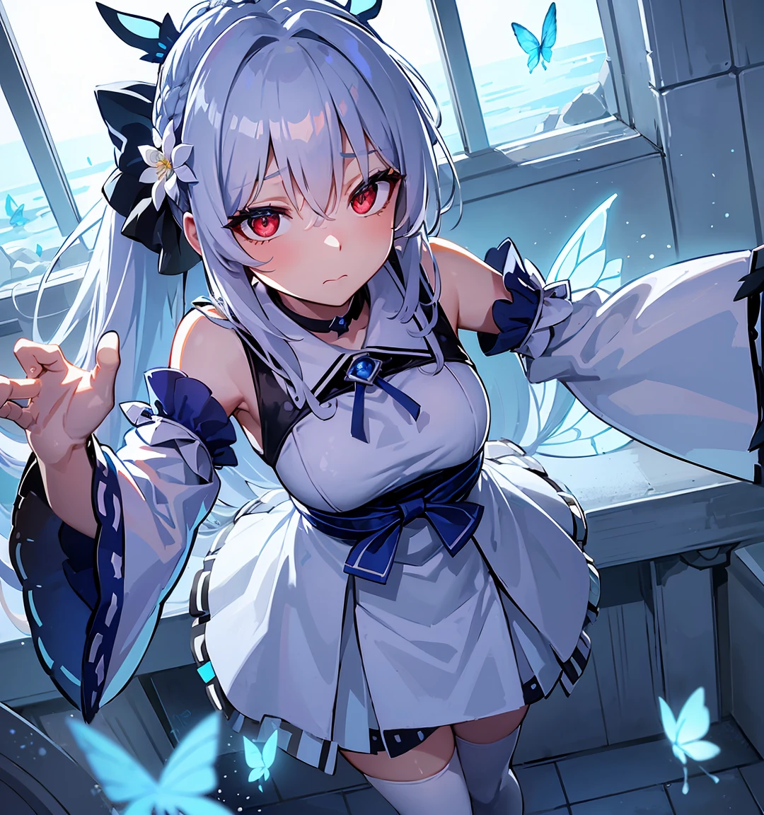 (high quality, 8k, 4K, High Contrast, masterpiece:1.2, 最high quality, Best aesthetics), beauty, Maid, Very detailed, Seductive and erotic girl with lace headdress, smile, (Big Breasts, Black Hair, Twin tails), Focus on the face, Focus on the face, Complex eyes, tights, 40 denier black tights, coffee shop, Low angle shot, Viewers looking up,