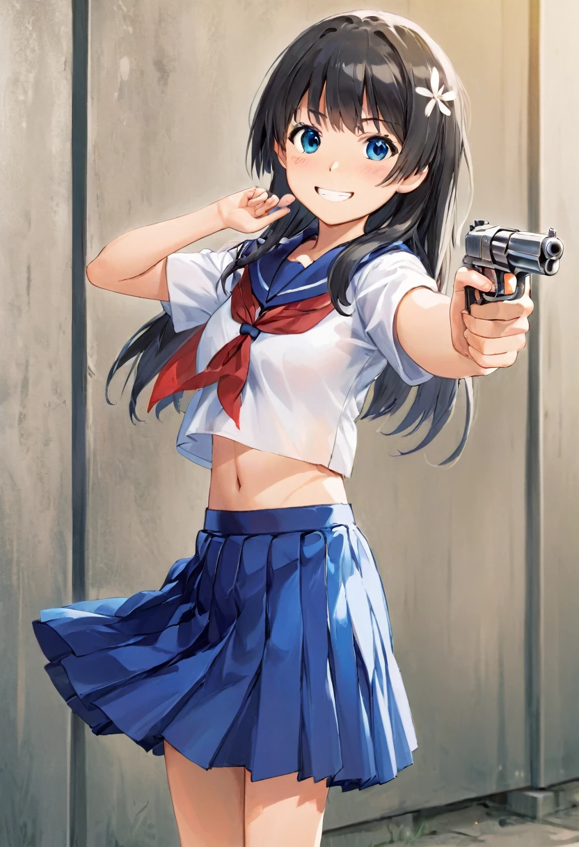 saten ruiko,white serafuku with blue skirt,cowboy shot,smile,outside,summer,gun pose,