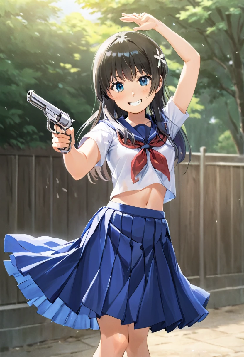 saten ruiko,white serafuku with blue skirt,cowboy shot,smile,outside,summer,gun pose,