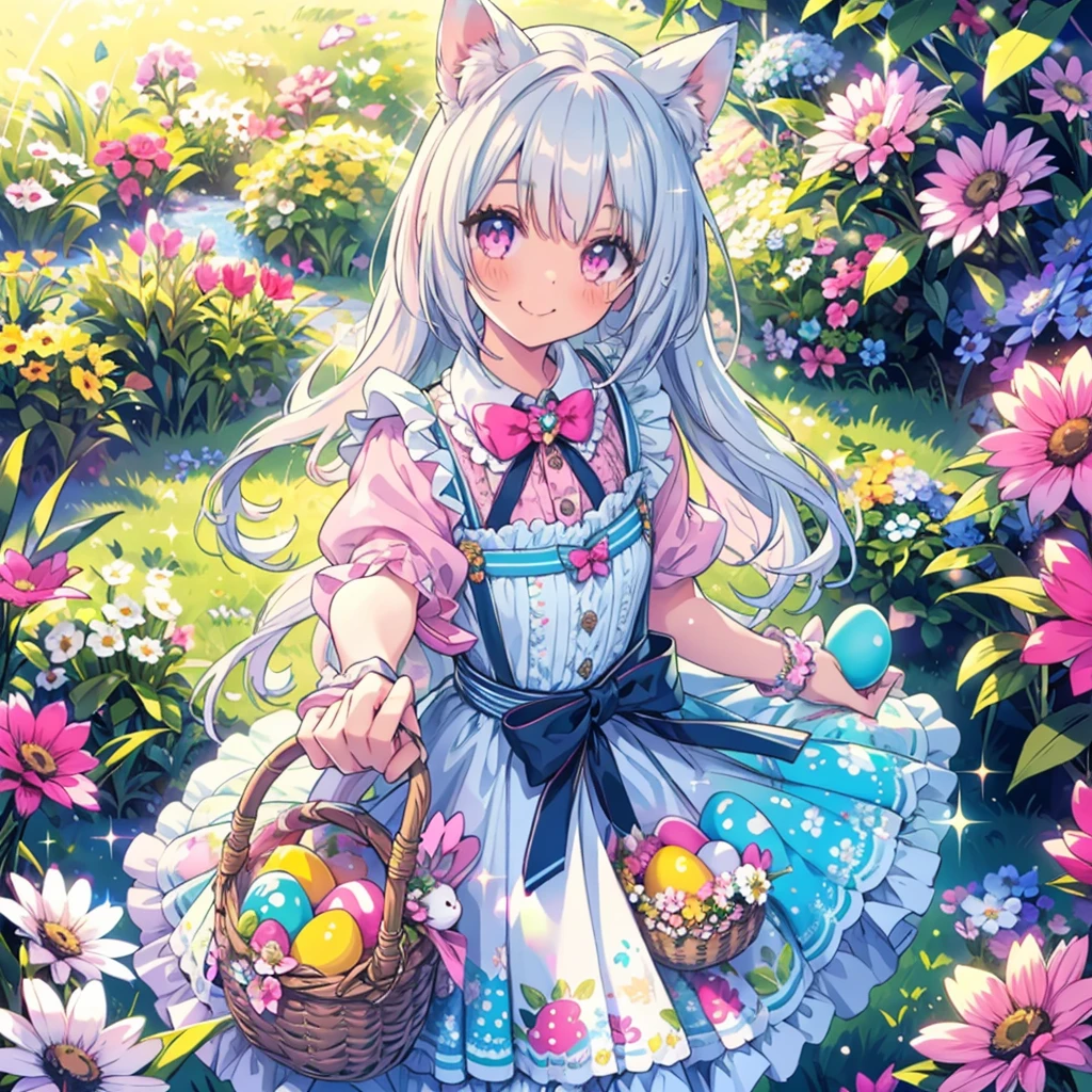 Highly detailed face,fine grain,Sparkling eyes,Highlighted eyes,Medium chest,pretty girl, smile,Longing eyes,Cat ear, Beautiful silver hair,Pink inside,Beautiful pink eyes,On a bright spring day, in a meadow full of flowers, a girl in colorful dress and white_apron, holds a basket of easter egg with rabbits around her, easter, easter egg, rabbit, flower, smile, floral print, dress, basket, frills, bow, looking at viewer, frilled dress, from above, Colorful portraits