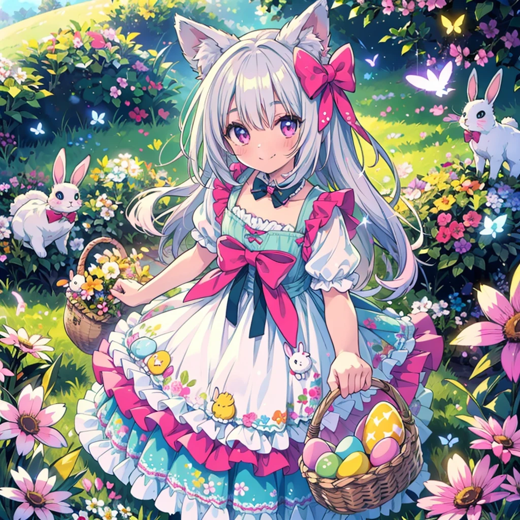 Highly detailed face,fine grain,Sparkling eyes,Highlighted eyes,Medium chest,pretty girl, smile,Longing eyes,Cat ear, Beautiful silver hair,Pink inside,Beautiful pink eyes,On a bright spring day, in a meadow full of flowers, a girl in colorful dress and white_apron, holds a basket of easter egg with rabbits around her, easter, easter egg, rabbit, flower, smile, floral print, dress, basket, frills, bow, looking at viewer, frilled dress, from above, Colorful portraits