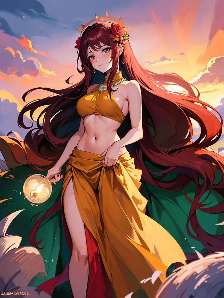 (absurderes, A high resolution, Ultra detailed, hdr), Masterpiece, Best quality, uzumaki_kushina, animated style, closeup shot, anime in a red and green combination indian dress i.e (saree or lahaenga choli), long black wavy hair untied and wearing hair ornaments, calm expression, bright big blake eyes, holding a flower, natural beauty, vibrant colors, dreamy, northern light, pink bubble, romantic, soft lighting, vintage aesthetic,huge breasts