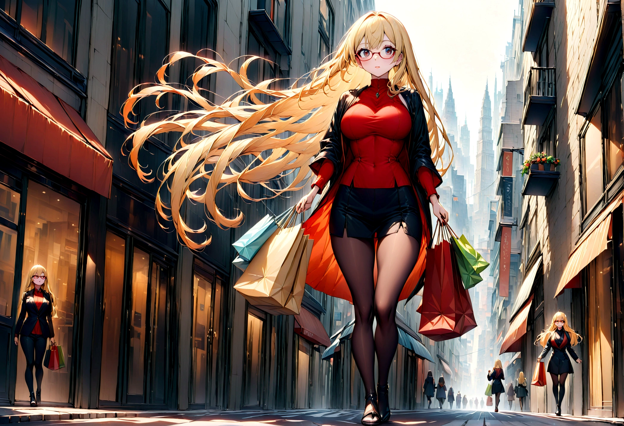 Full body image of a beautiful woman。Long straight blonde hair。Wearing red glasses。tall。carrying shopping bags、Walking briskly through the city。