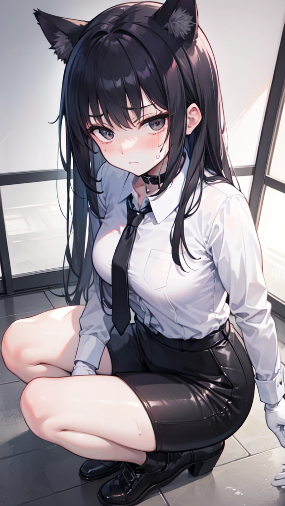 18-year-old girl,cute,Wear a white long-sleeved shirt and a black work tie,Wear black pants,Wear black booties,Wear white gloves,wear cat ear,Wearing a collar,Black hair,Black eyes,Very thin waist,Very thin legs,Handsome,Disdainful and cold expression,shy,blush,scared,Sweating,porn,Is giving sexual assault,Glove removal action,porn