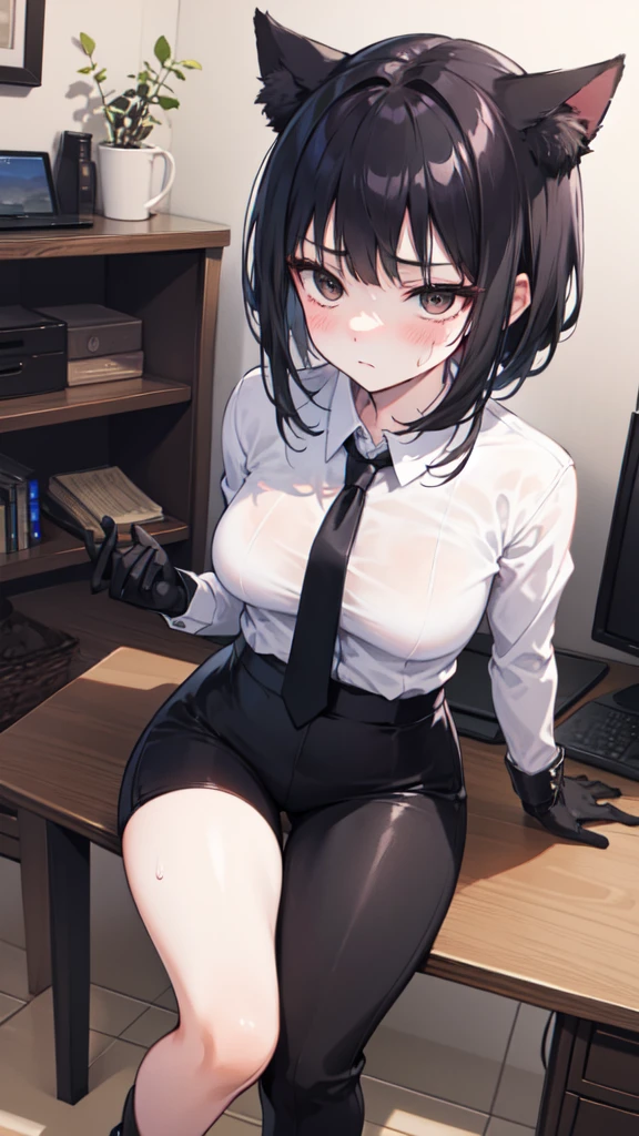 18-year-old girl,cute,Wear a white long-sleeved shirt and a black work tie,Wear black pants,Wear black booties,Wear white gloves,wear cat ear,Wearing a collar,Black hair,Black eyes,Very thin waist,Very thin legs,Handsome,Disdainful and cold expression,shy,blush,scared,Sweating,porn,Is giving sexual assault,Glove removal action,porn