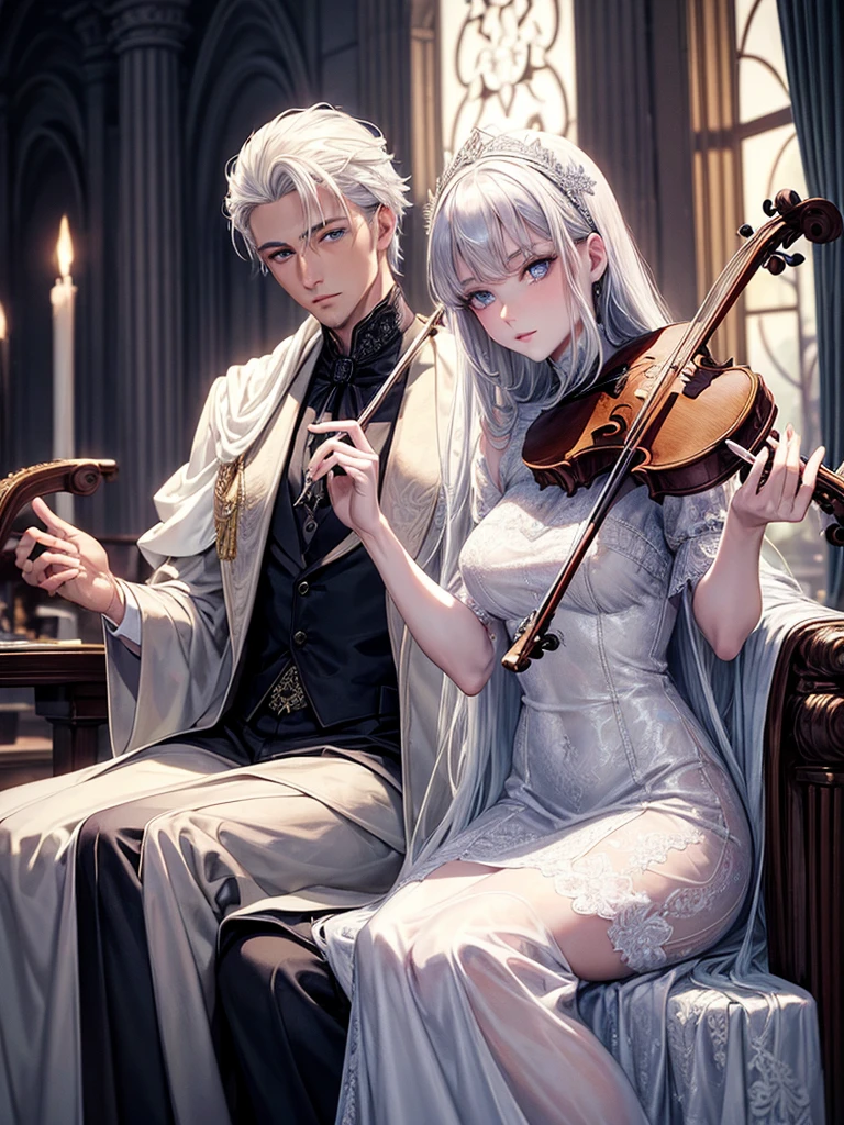 a handsome man with silver hair, blue eyes, White skin, Dress elegantly, With velvet cloaks and lace shirts playing the violin, while a beautiful woman sits watching him with hazel eyes, black hair, White skin, elegant blue silk dress