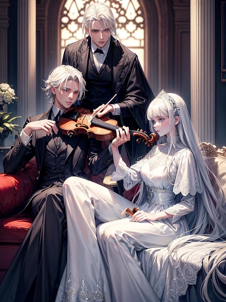 a handsome man with silver hair, blue eyes, White skin, Dress elegantly, With velvet cloaks and lace shirts playing the violin, while a beautiful woman sits watching him with hazel eyes, black hair, White skin, elegant blue silk dress