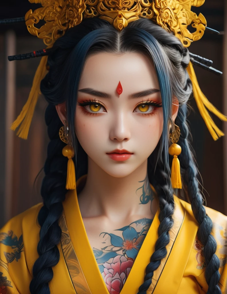 quality(8k wallpaper of extremely detailed CG unit, ​masterpiece, hight resolution, top-quality, top-quality real texture skin,hyper realisitic, digitial painting,increase the resolution,RAW photos，best qualtiy,highly detailed,the wallpaper),BREAK,8K, onmyoji-style art, full face,   , yellow dress, yellow eyes, tattoos, yellow long hair, Dreadlocks, 