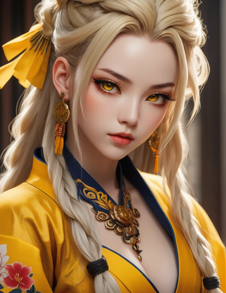 quality(8k wallpaper of extremely detailed CG unit, ​masterpiece, hight resolution, top-quality, top-quality real texture skin,hyper realisitic, digitial painting,increase the resolution,RAW photos，best qualtiy,highly detailed,the wallpaper),BREAK,8K, onmyoji-style art, full face,   , yellow dress, yellow eyes, tattoos, yellow long hair, Dreadlocks, 