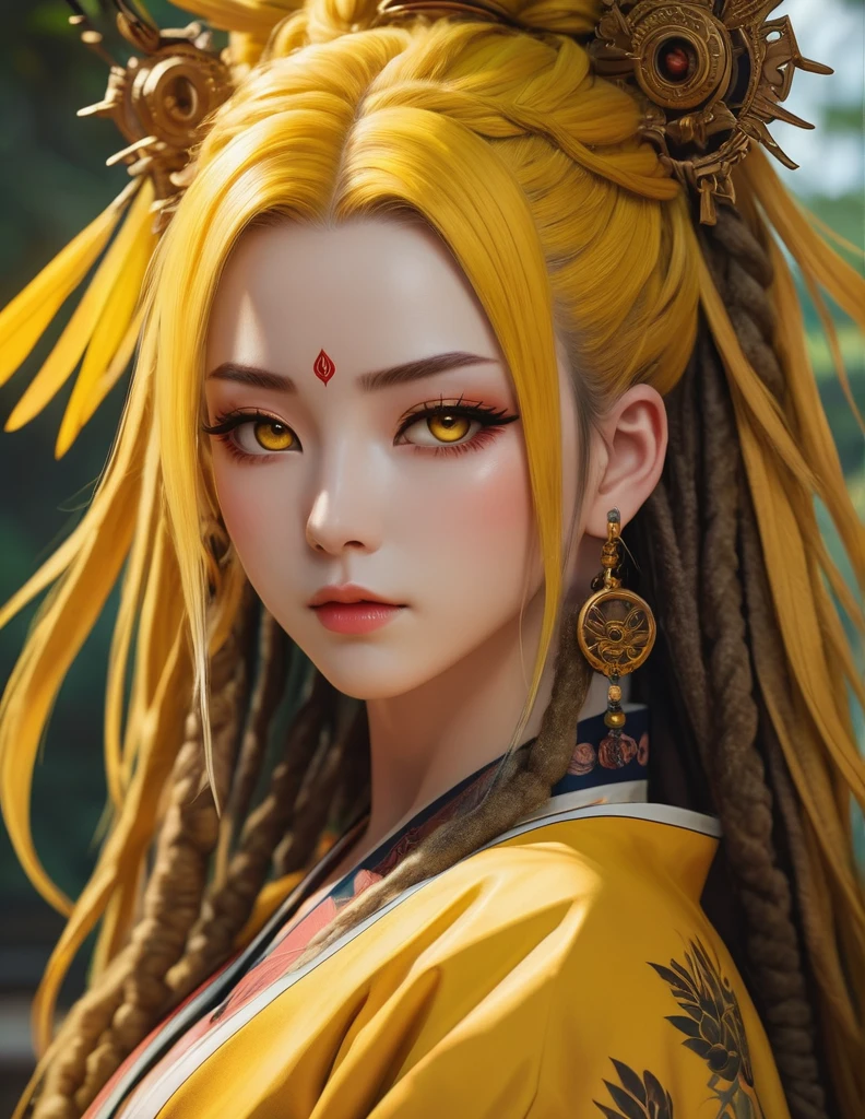quality(8k wallpaper of extremely detailed CG unit, ​masterpiece, hight resolution, top-quality, top-quality real texture skin,hyper realisitic, digitial painting,increase the resolution,RAW photos，best qualtiy,highly detailed,the wallpaper),BREAK,8K, onmyoji-style art, full face,   , yellow dress, yellow eyes, tattoos, yellow long hair, Dreadlocks, 