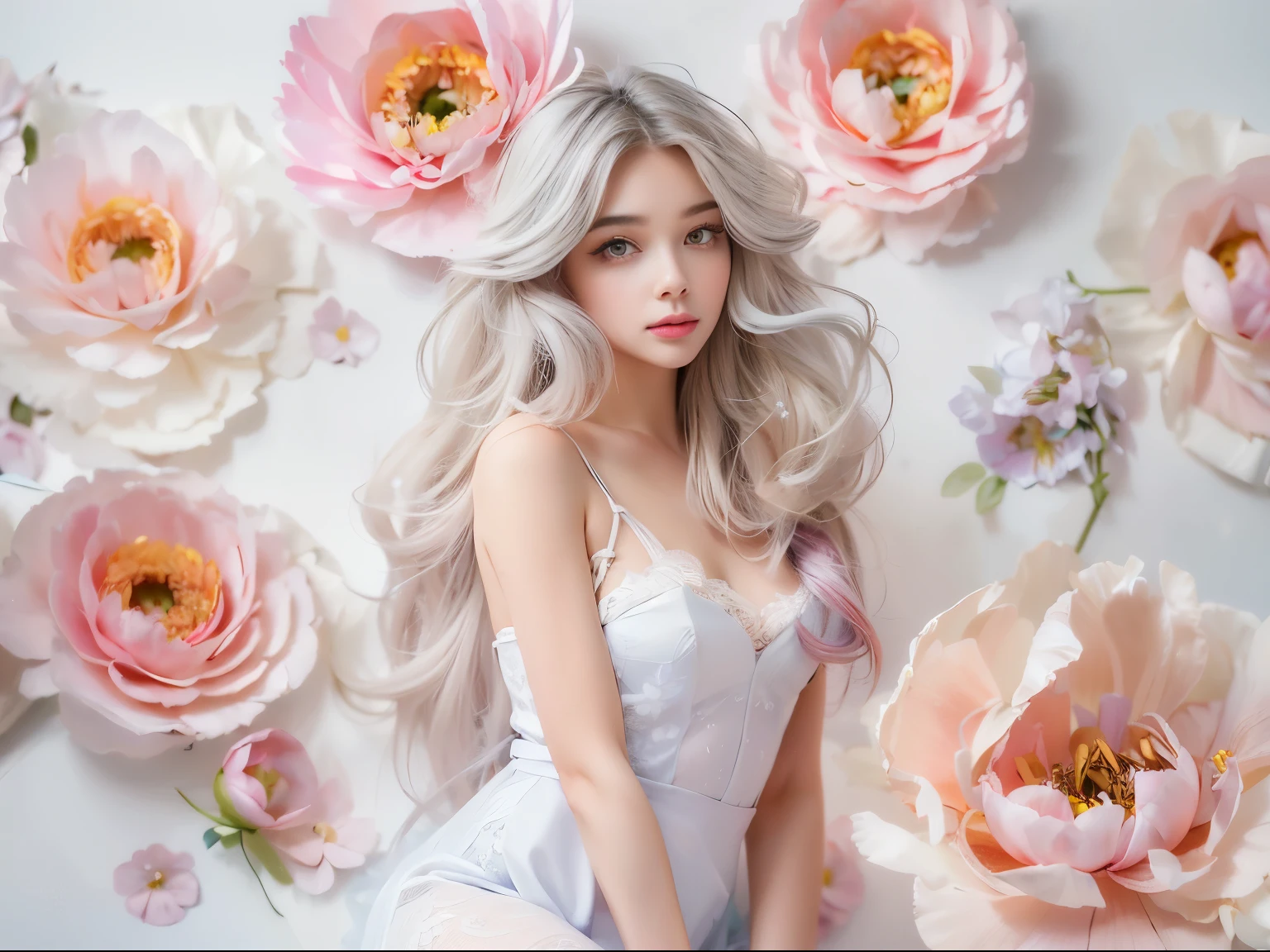 (white background:1.2),spring,(There is no light:1.1),(attraction:1.2),Wow,long gray hair:1.1),(blusher:0.7),floating hair,Deep Sky,star,(floral dress:1.1),Shiny low diagonal tail,(Colorful Peonies:1.15)、decorations、petal(lace pantyhose:1.1)、reins,4K