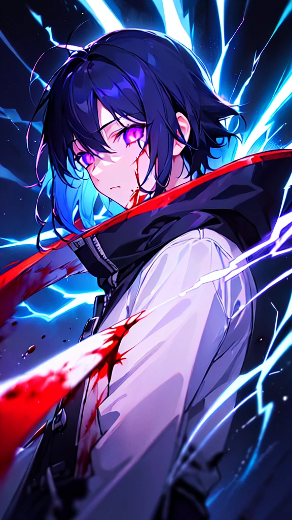 [(BLACK BACKGROUND:1.5),::5], ((((masterpiece)))), high quality, ultra very high resolution, full color, (((solo))), (()), black hair, ((blue colored inner hair)), ((purple eyes)), anime, ((upper body)), despair, face in profile, neon light, black parka, (lightning effect:1.2), (Blood effect:1.5)