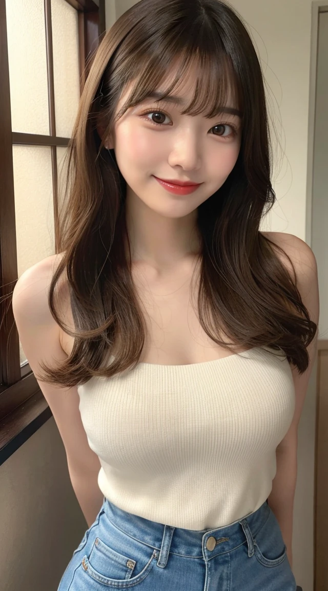20-year-old girl,Japanese,Huge breasts, 1 girl per photo, Full Body Shot, View from the front, Japanese, cute girl, Very cute face, The best smile,Glossy Lips, Sweaty body, Double eyelids on both eyes, Natural Makeup, Shiny and smooth light brown long hair, Asymmetrical bangs, Sunburned skin, Center image, 8K resolution, High detail, Detailed hairstyle, Detailed face, Great cinema lighting, Octane Rendering, Vibrant, Surreal, Perfect limbs, Perfect Anatomy、