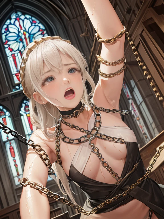 {(watercolor painting:1.2),(renaissance style:1.2)}, {hime cut}, BREAK, {erotic face,anguish,(scream:1.1),(very ecstasy:1.2),(writhing:1.4),embarrassing,half open eye},{(very obscene pose:1.2),(arched back:1.2),(arch one's head:1.4),arms behind}, {(chains fundoshi:1.4), (wet clothes:1.3)}, BREAK, {(chains skindantation:1.4),(many chains from the ceiling:1.4), (chain shibari:1.3),(chain bondage), (chain restraint),(wrap limbs with chains:1.8),(chain bind body),(chain in collar:1.2), confinement, shackles}, BREAK, {(1 woman, small breasts, hime cut,braid hair intricately)},{voyeur angle, dynamic low angle view}, {(dark church glowing stained glass:1.2)}, BREAK,{(glowing tears:1.1),(Clear eyes),extremely detail hair, (pure white skin:1.1)}