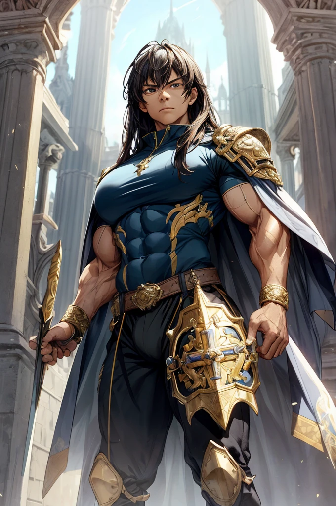 (Best lighting) , (Very intricate details) , 4K Integration, (Super fine CG: 1.2) , (8K: 1.2),(original), (masterpiece) , (Highest quality),(masterpiece:1.4),Anime-ish high quality,(masterpiece),masterpiece, Highest quality, Absurd,((Masterpiece, 4K, 8K, High resolution)),(masterpiece), (Highest quality), (Super detailed), (Very delicate and beautiful), ((Cowboy Shot)), woman1名,
, ((bodybuilder:1.5)),Temple Background,(Beautiful base),(woman),(Woman warrior),(((From the knee up:1))),from frontknight girl,Brave and resolute attitude,Shining Armor,Sword in hand,Flowing Cape,Armor details,Metal Reflection,Castle Background,medieval setting,Soft sunlight,Brave pose,Strength and elegance,Solemn atmosphere,Sharp Eye,Powerful aura,Stoic expression,Determined jawline,royal coat of arms,Huge muscular physique,Protruding veins,Strong arms with bulging biceps、Six-pack、Graceful Movement,A commanding presence,Golden shades,Dynamic configuration,Vibrant colors,Perfect balance,Light and shadow contrast,Down to the smallest thread,Sharpen highlights and shadows,Impressive level textures,Sharp focus,Rich and realistic backgrounds,Magnificence and grandeur,Heroine of the Kingdom,Legendary Warrior,Inspiring and majestic,Dignified and fierce,Guardian of the kingdom,Unstoppable courage,Divine Destiny,Indomitable spirit,Unforgettable beauty,Unwavering Strength