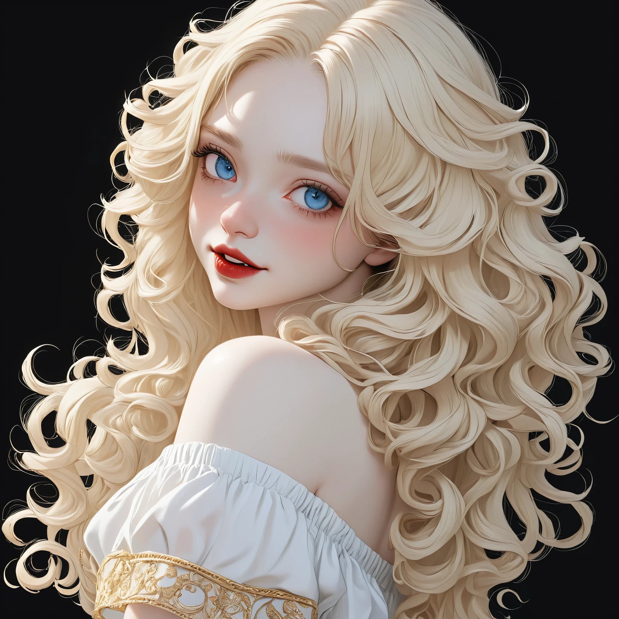 (young, woman, pale skin, blue eyes:1.3), long blonde curly hair, (muscular body, small breasts:1.1), (red lipstick, black eye makeup:0.8), (sheer off-Shoulder, white sheer belly top, tight waist high jeans:0.9), golden bracelet, ashamed, toothy smilie, (looking back over shoulder:1.8), (full body view:1.0), (black background:1.4), detailed skin texture, 24k resolution, highly detailed, (natural front light:0.6)