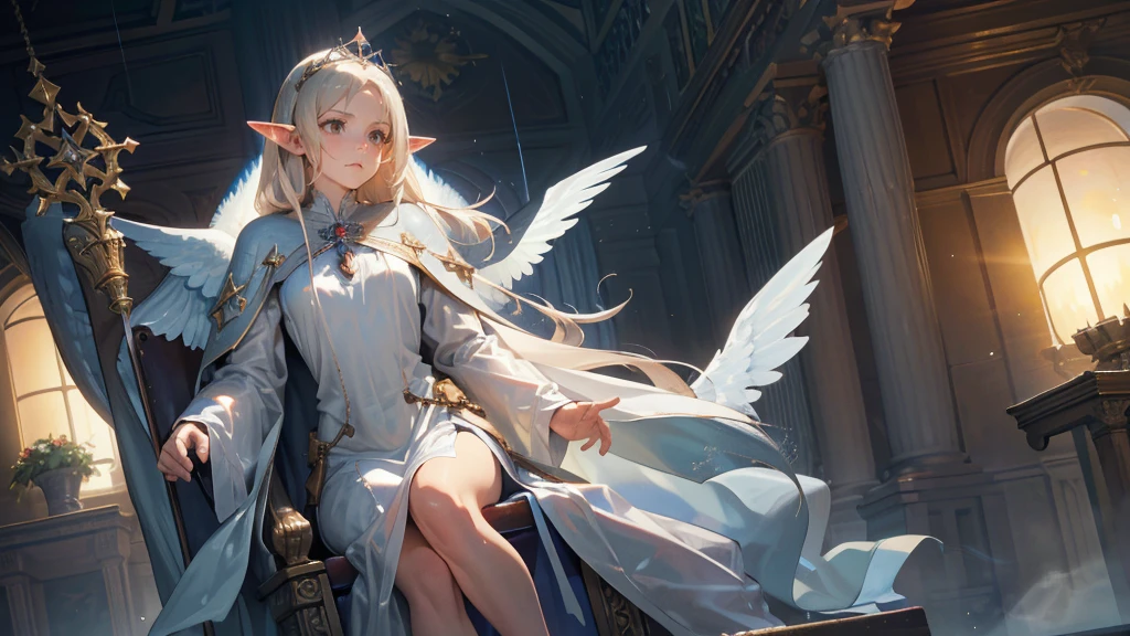 masterpiece, ultra detailed, 8K Portrait, Raw photo, a portrait photo of girl, Highly detailed face, beautiful and meticulous eyes, ((Fantasy)), (elf:1.0), 1woman, 40 year old, gray long hair, brown eyes, (melancholy expression:1.2), tiara, skinny, (ultra thin see-through dark blue silk dress), hooded long white coat Fluttering in the wind, ((bare foots)), Midday Sun, Hyper realistic, out of medieval white castle in the sky, sitting on the throne, Ambient lighting, Shadow details , strong breeze, Light fog, (divine:1.5),