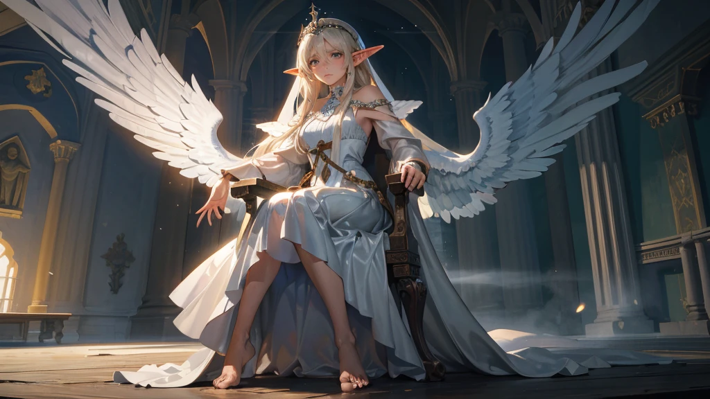 masterpiece, ultra detailed, 8K Portrait, Raw photo, a portrait photo of girl, Highly detailed face, beautiful and meticulous eyes, ((Fantasy)), (elf:1.0), 1woman, 40 year old, gray long hair, brown eyes, (melancholy expression:1.2), tiara, skinny, (ultra thin see-through dark blue silk dress), hooded long white coat Fluttering in the wind, ((bare foots)), Midday Sun, Hyper realistic, out of medieval white castle in the sky, sitting on the throne, Ambient lighting, Shadow details , strong breeze, Light fog, (divine:1.5),